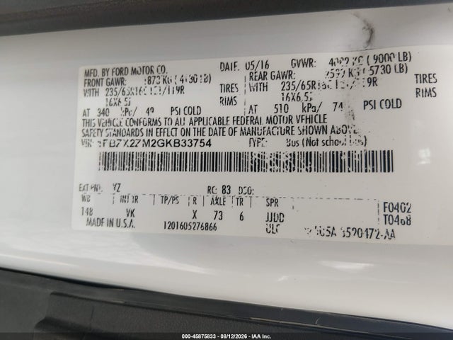 Продаж на аукціоні авто 2016 Ford Transit-350 Xl, vin: 1FBZX2ZM2GKB33754, номер лоту: 45875833