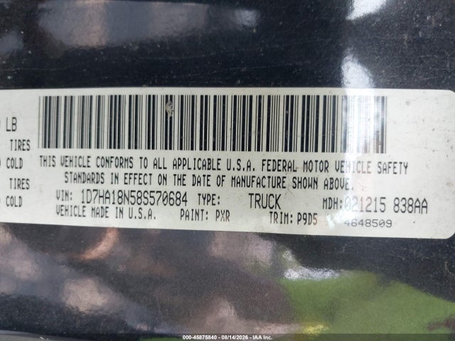 45875840 :رقم المزاد ، 1D7HA18N58S570684 vin ، 2008 Dodge Ram 1500 Slt مزاد بيع