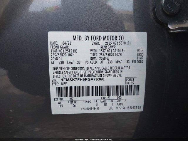 45875841 :رقم المزاد ، 1FMSK7FH9PGA76368 vin ، 2023 Ford Explorer Limited مزاد بيع