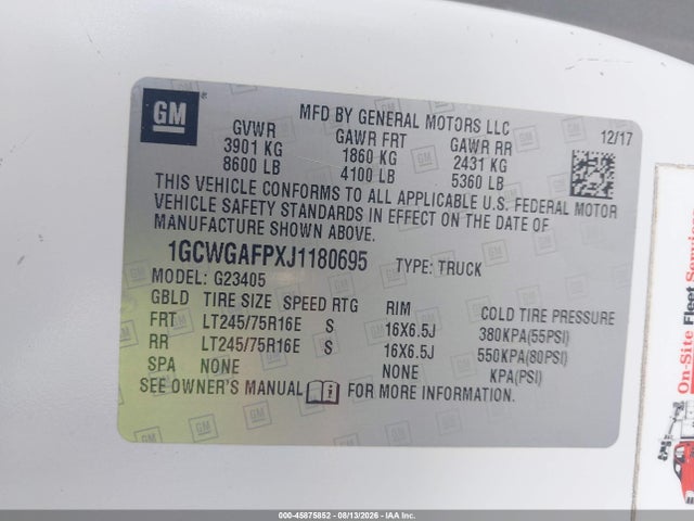Aukcja sprzedaży 2018 Chevrolet Express 2500 Work Van, vin: 1GCWGAFPXJ1180695, numer aukcji: 45875852