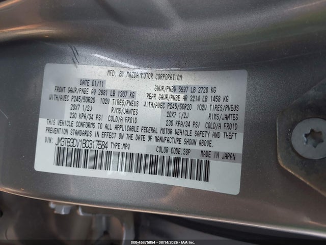 Aukcja sprzedaży 2011 Mazda Cx-9 Grand Touring, vin: JM3TB3DV1B0317584, numer aukcji: 45875854