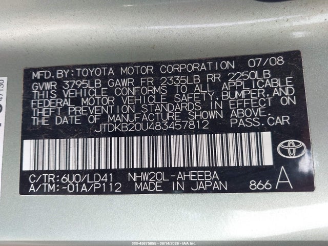 2008 Toyota Prius მანქანა იყიდება აუქციონზე, vin: JTDKB20U483457812, აუქციონის ნომერი: 45875855