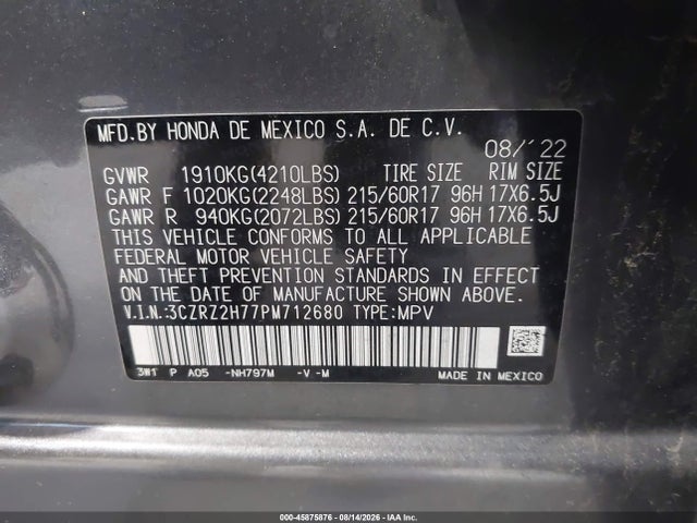 Aukcja sprzedaży 2023 Honda Hr-v Awd Ex-l, vin: 3CZRZ2H77PM712680, numer aukcji: 45875876