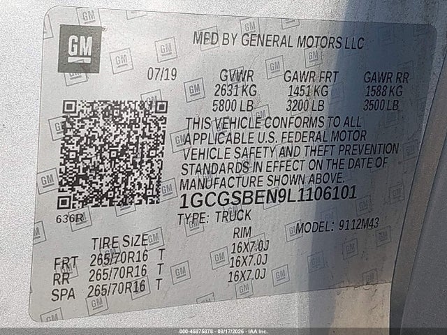 1GCGSBEN9L1106101 Chevrolet Colorado 2wd Short Box Wt