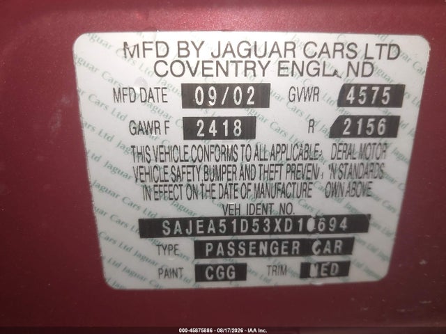 45875886 :رقم المزاد ، SAJEA51D53XD10694 vin ، 2003 Jaguar X-type 2.5 مزاد بيع