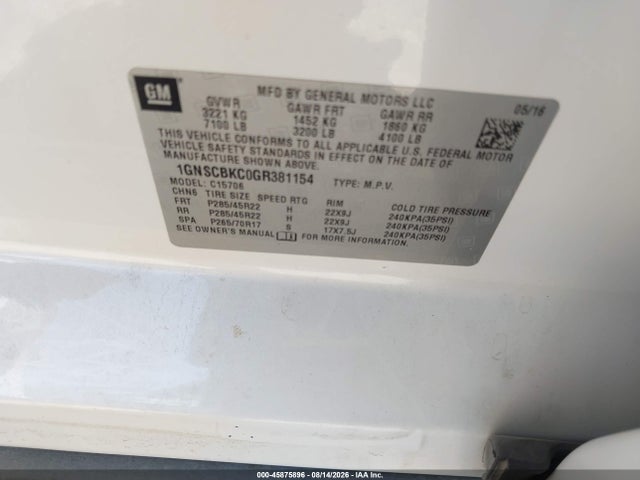 Продаж на аукціоні авто 2016 Chevrolet Tahoe Lt, vin: 1GNSCBKC0GR381154, номер лоту: 45875896