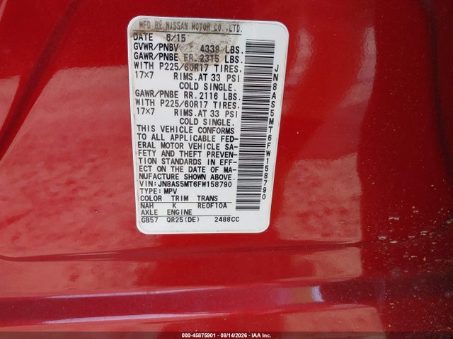 Продажа на аукционе авто 2015 Nissan Rogue Select S, vin: JN8AS5MT6FW158790, номер лота: 45875901