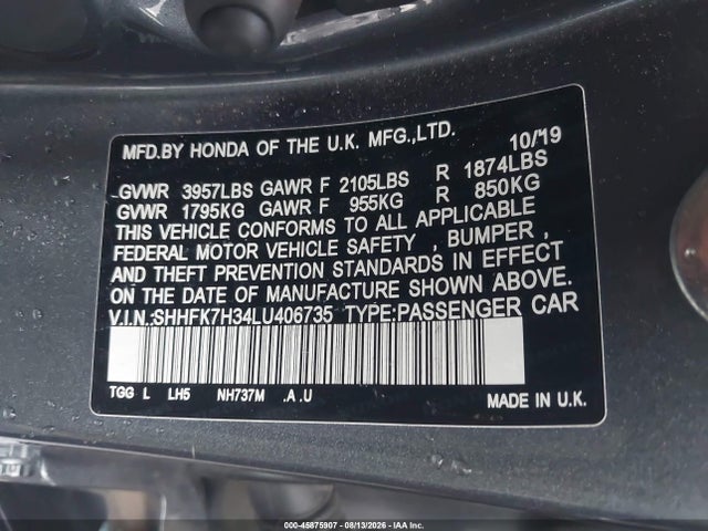 Aukcja sprzedaży 2020 Honda Civic Lx, vin: SHHFK7H34LU406735, numer aukcji: 45875907