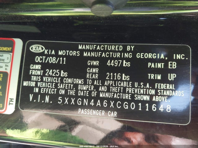 Продажа на аукционе авто 2012 Kia Optima Ex Turbo, vin: 5XXGN4A6XCG011648, номер лота: 45875912