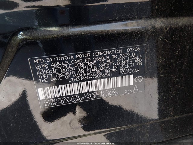 Aukcja sprzedaży 2007 Lexus Es 350, vin: JTHBJ46G972006541, numer aukcji: 45875918