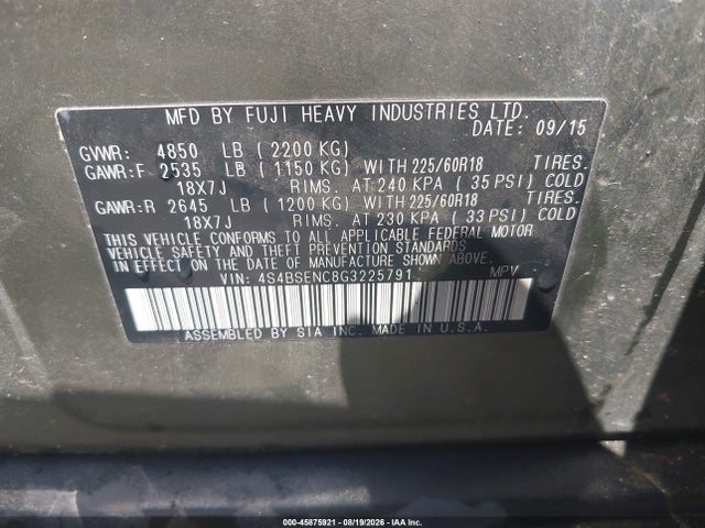 Aukcja sprzedaży 2016 Subaru Outback 3.6r Limited, vin: 4S4BSENC8G3225791, numer aukcji: 45875921