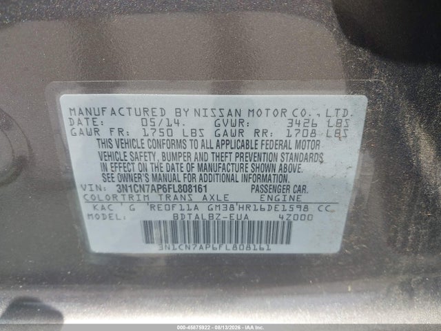 Nissan Versa 1.6 Sv 2015 3N1CN7AP6FL808161 Image 9