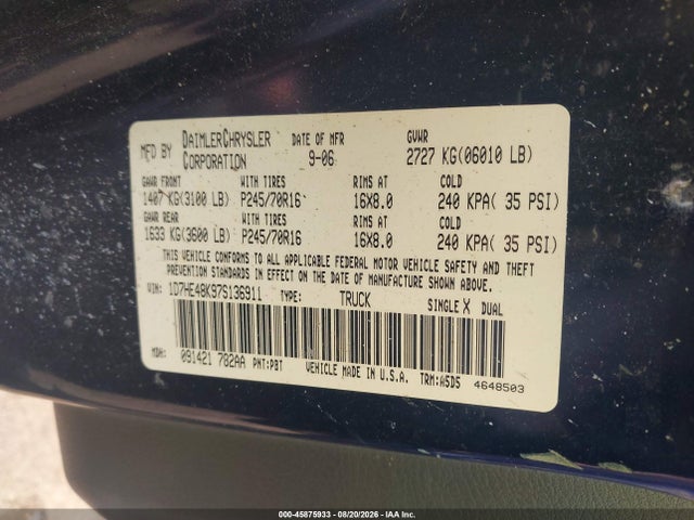 Aukcja sprzedaży 2007 Dodge Dakota Slt, vin: 1D7HE48K97S136911, numer aukcji: 45875933