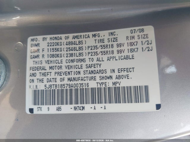 Aukcja sprzedaży 2009 Acura Rdx, vin: 5J8TB18579A003516, numer aukcji: 45875935