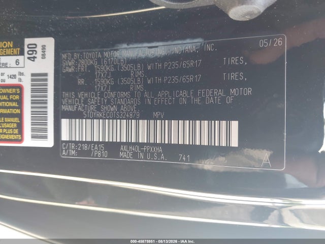 2026 Toyota Sienna Xle მანქანა იყიდება აუქციონზე, vin: 5TDYRKEC0TS324879, აუქციონის ნომერი: 45875951
