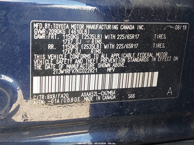 Продажа на аукционе авто 2019 Toyota Rav4 Xle, vin: 2T3W1RFV7KC022821, номер лота: 45875958