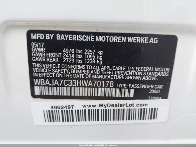 2017 Bmw 530i Xdrive მანქანა იყიდება აუქციონზე, vin: WBAJA7C33HWA70178, აუქციონის ნომერი: 45875971
