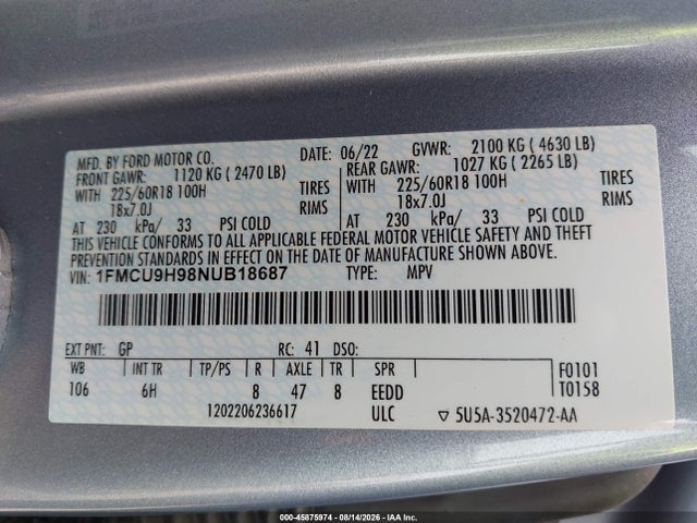 1FMCU9H98NUB18687 Ford ESCAPE SEL