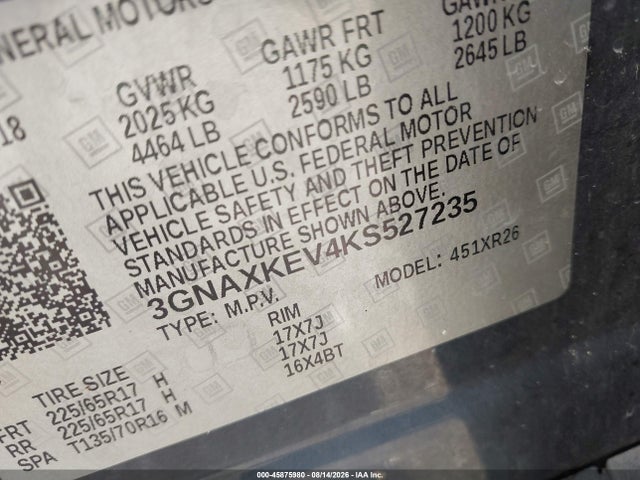 45875980 :رقم المزاد ، 3GNAXKEV4KS527235 vin ، 2019 Chevrolet Equinox Lt مزاد بيع