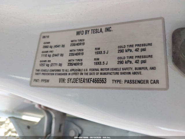 45875996 :رقم المزاد ، 5YJ3E1EA1KF466563 vin ، 2019 Tesla Model 3 Long Range/mid Range/standard Range/standard Range Plus مزاد بيع