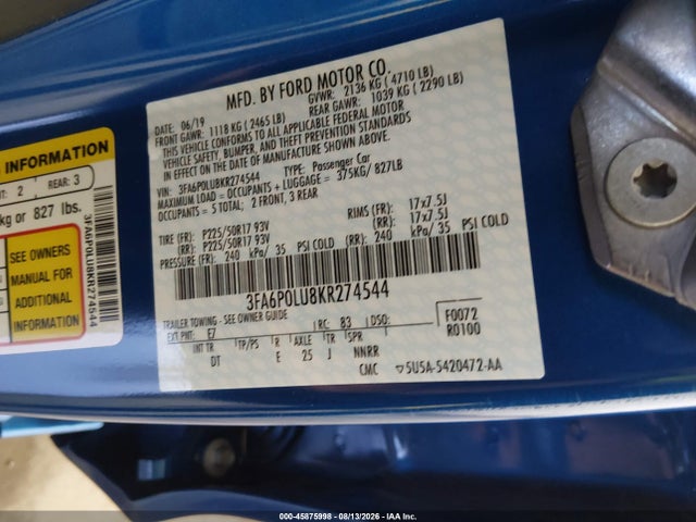2019 Ford Fusion Hybrid Se მანქანა იყიდება აუქციონზე, vin: 3FA6P0LU8KR274544, აუქციონის ნომერი: 45875998