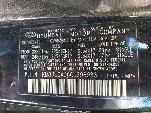 2012 Hyundai Tucson Gls მანქანა იყიდება აუქციონზე, vin: KM8JUCAC6CU396933, აუქციონის ნომერი: 45875999