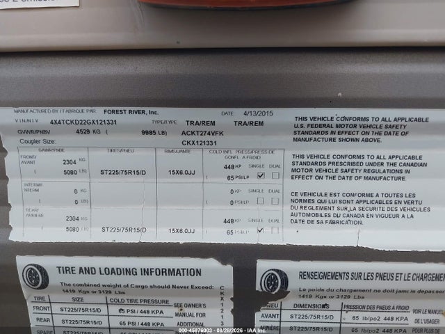 2016 Forest River Cherokee M-274vfk მანქანა იყიდება აუქციონზე, vin: 4X4TCKD22GX121331, აუქციონის ნომერი: 45876003