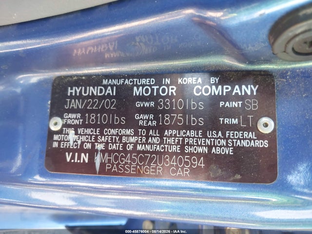 Продаж на аукціоні авто 2002 Hyundai Accent Gl, vin: KMHCG45C72U340594, номер лоту: 45876004