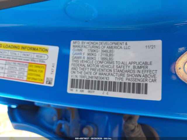 19XFL2H81NE004743 Honda Civic Sport