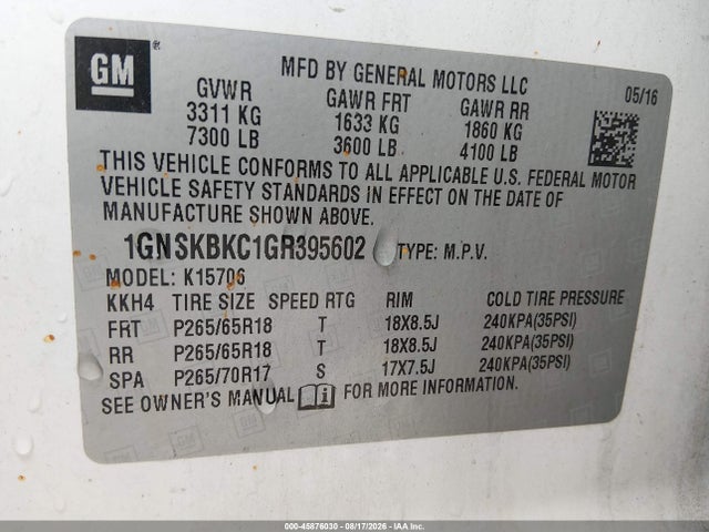 2016 Chevrolet Tahoe Lt მანქანა იყიდება აუქციონზე, vin: 1GNSKBKC1GR395602, აუქციონის ნომერი: 45876030