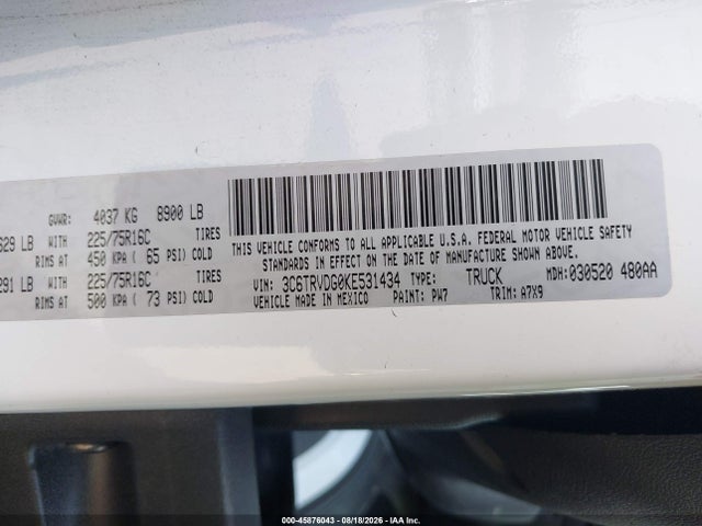 3C6TRVDG0KE531434 RAM Promaster 2500 High Roof 159 Wb