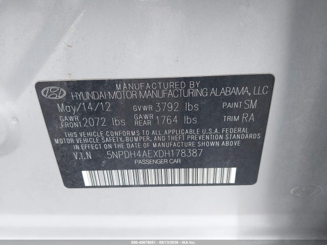Aukcja sprzedaży 2013 Hyundai Elantra Gls, vin: 5NPDH4AEXDH178387, numer aukcji: 45876051
