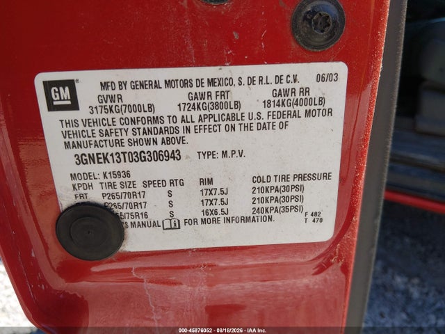 Продаж на аукціоні авто 2003 Chevrolet Avalanche 1500, vin: 3GNEK13T03G306943, номер лоту: 45876052