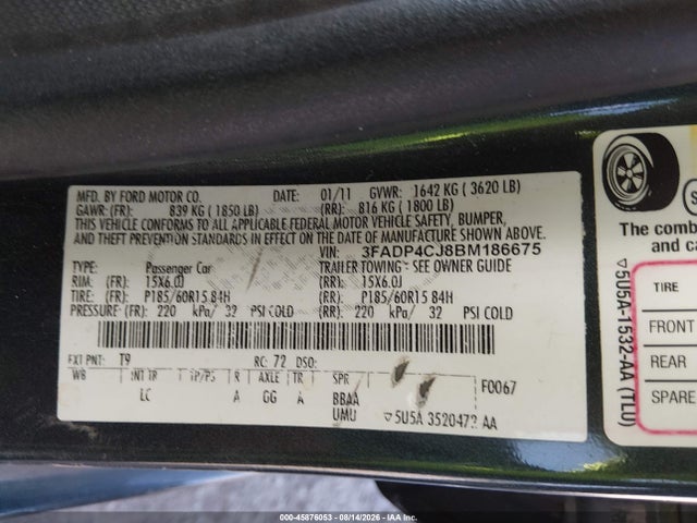 Aukcja sprzedaży 2011 Ford Fiesta Sel, vin: 3FADP4CJ8BM186675, numer aukcji: 45876053