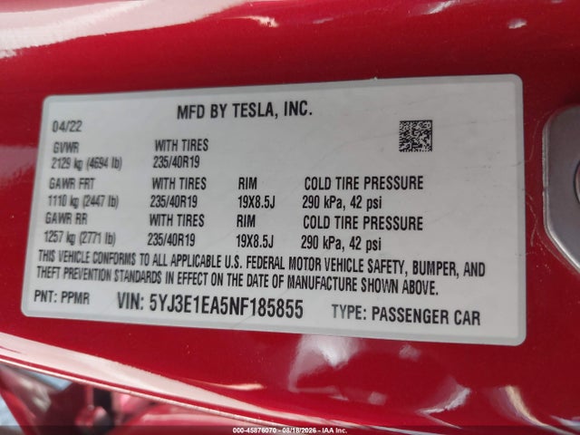 Tesla Model 3 Rear-wheel Drive 2022 5YJ3E1EA5NF185855 Image 9