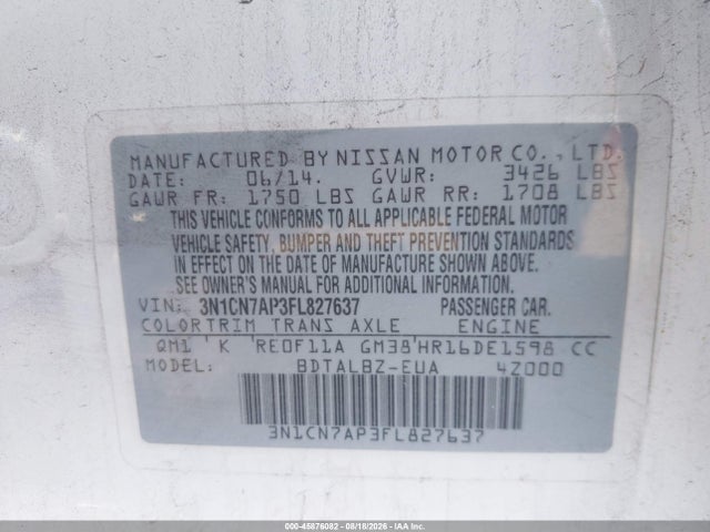 3N1CN7AP3FL827637 Nissan Versa 1.6 S/1.6 S+/1.6 Sl/1.6 Sv