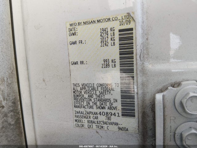 Aukcja sprzedaży 2010 Nissan Altima 2.5 S, vin: 1N4AL2APXAN408941, numer aukcji: 45876087