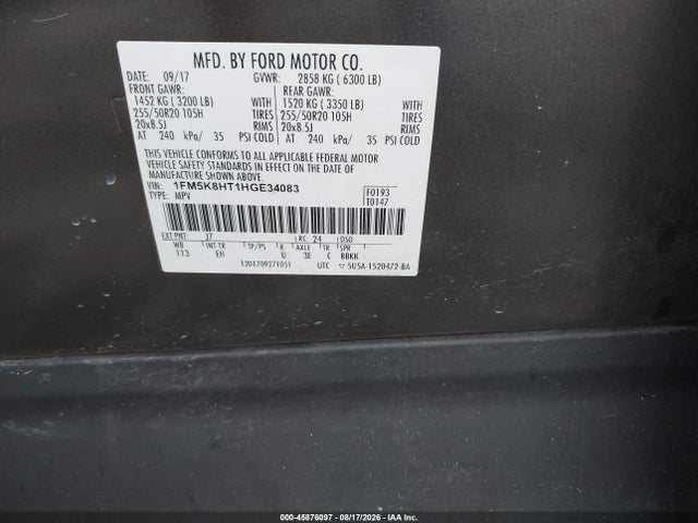 45876097 :رقم المزاد ، 1FM5K8HT1HGE34083 vin ، 2017 Ford Explorer Platinum مزاد بيع