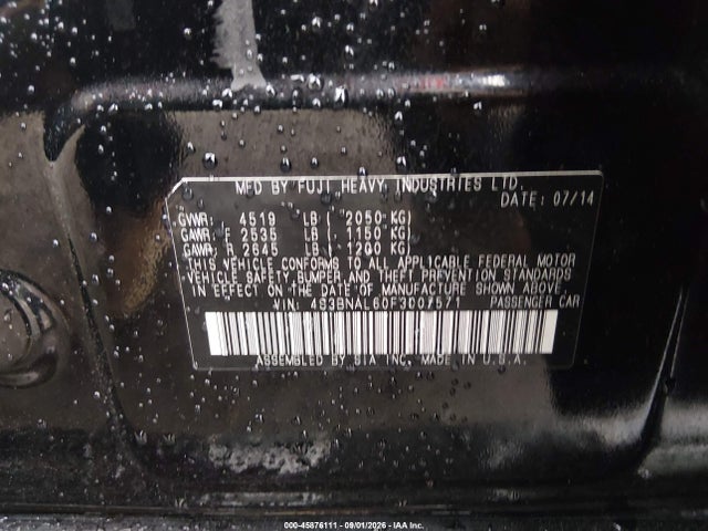 45876111 :رقم المزاد ، 4S3BNAL60F3007571 vin ، 2015 Subaru Legacy 2.5i Limited مزاد بيع
