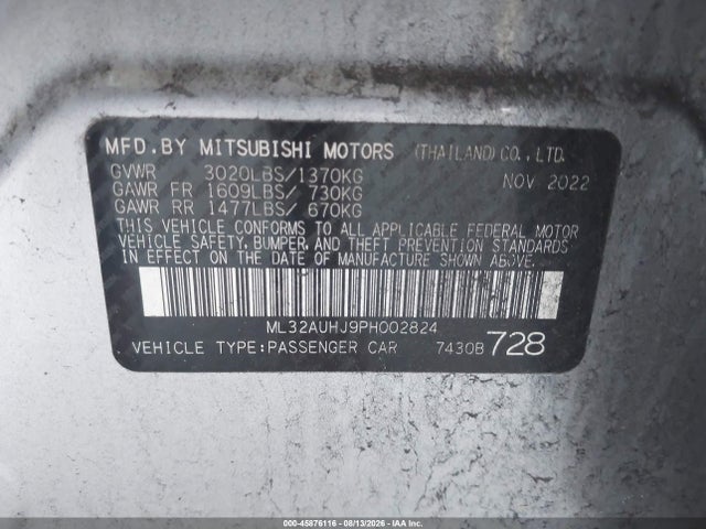 Aukcja sprzedaży 2023 Mitsubishi Mirage Es/le, vin: ML32AUHJ9PH002824, numer aukcji: 45876116