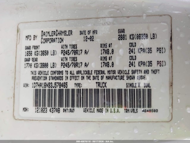 45876118 :رقم المزاد ، 1D7HA16N93J578465 vin ، 2003 Dodge Ram 1500 Slt/laramie/st مزاد بيع
