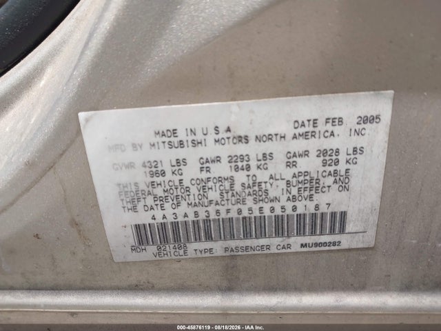 Продаж на аукціоні авто 2005 Mitsubishi Galant Es/se, vin: 4A3AB36F05E050187, номер лоту: 45876119