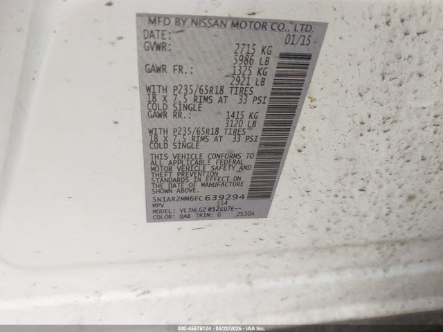 Aukcja sprzedaży 2015 Nissan Pathfinder Sl, vin: 5N1AR2MM6FC639294, numer aukcji: 45876124