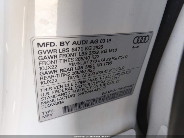 2019 Audi Q8 55 Premium მანქანა იყიდება აუქციონზე, vin: WA1FVAF18KD031682, აუქციონის ნომერი: 45876128