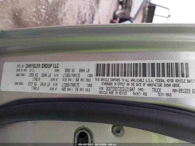 45876152 :رقم المزاد ، 3C6TD5DT2CG121607 vin ، 2012 Dodge Ram 2500 Slt مزاد بيع