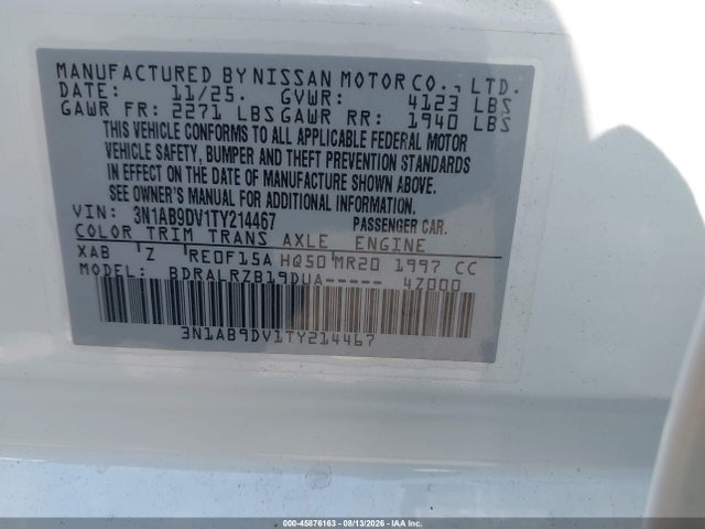 45876163 :رقم المزاد ، 3N1AB9DV1TY214467 vin ، 2026 Nissan Sentra Sr مزاد بيع