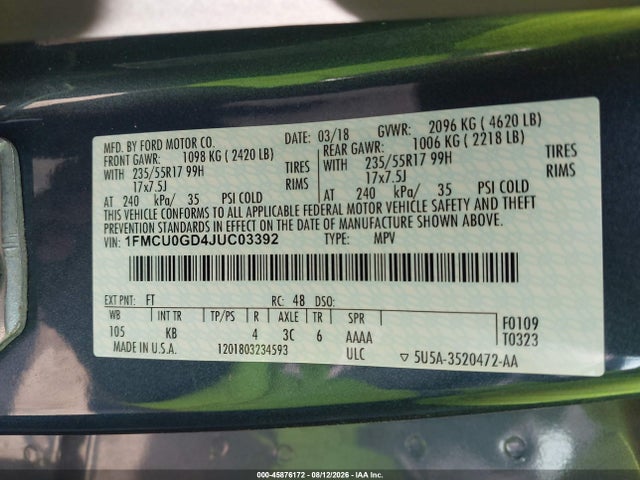 Ford ESCAPE SE 2018 1FMCU0GD4JUC03392 Image 9
