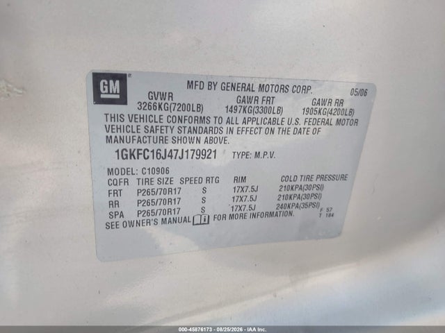 45876173 :رقم المزاد ، 1GKFC16J47J179921 vin ، 2007 Gmc Yukon Xl 1500 Commercial Fleet مزاد بيع