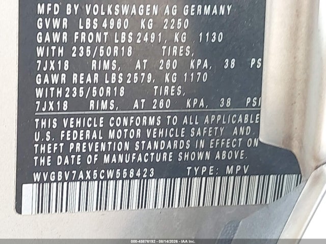 Aukcja sprzedaży 2012 Volkswagen Tiguan Se, vin: WVGBV7AX5CW558423, numer aukcji: 45876192