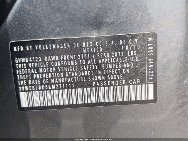 45876191 :رقم المزاد ، 3VWEB7BU5KM271111 vin ، 2019 Volkswagen Jetta 1.4t Sel مزاد بيع